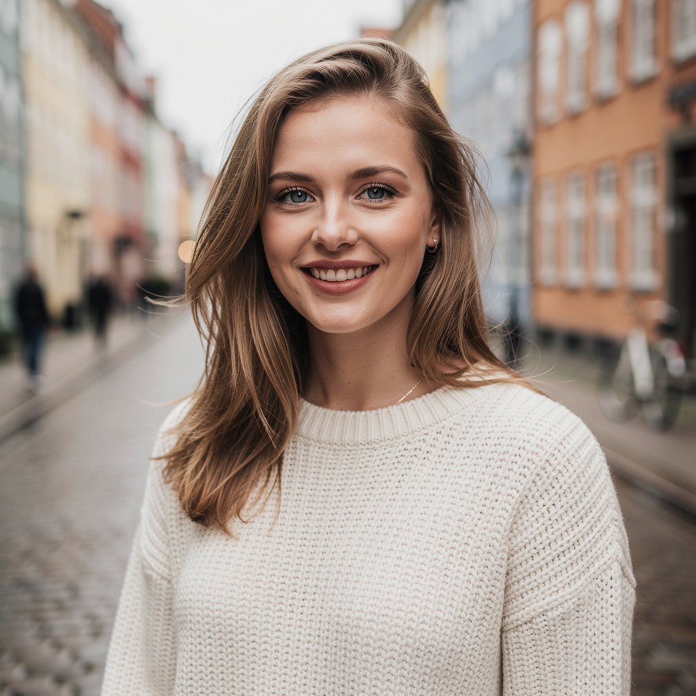 Portrait of a young Danish woman in a knit sweater outdoors
