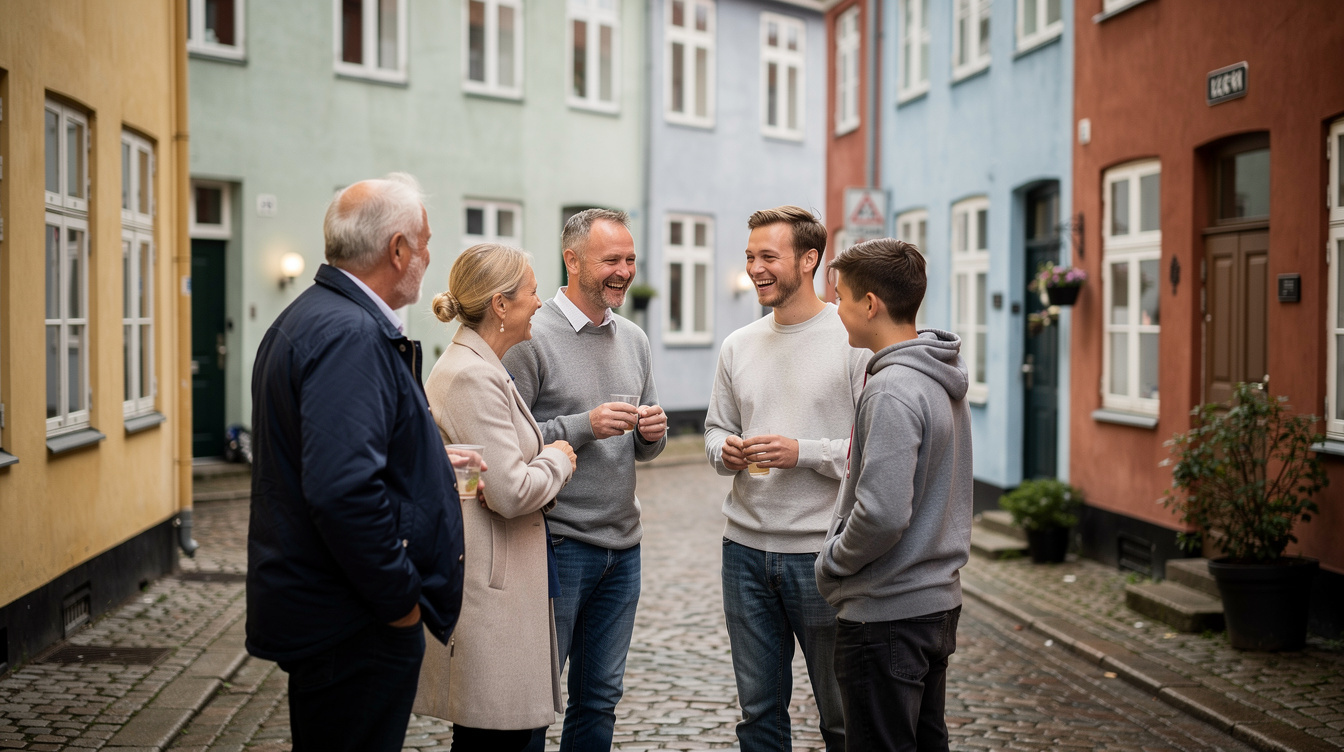 Group of Danish neighbours chatting outside a colourful townhouse street