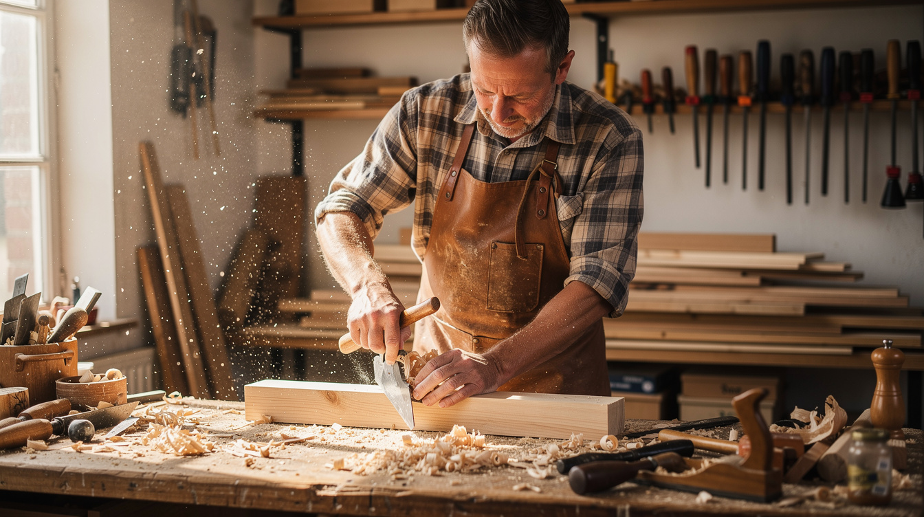 Craftsman working with wood in a small Danish workshop